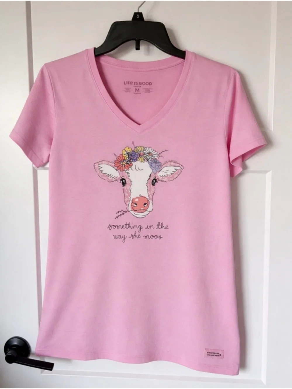 NWT: Life Is Good Pink V-Neck Tee with Floral Crown Cow - Picture 2 of 5